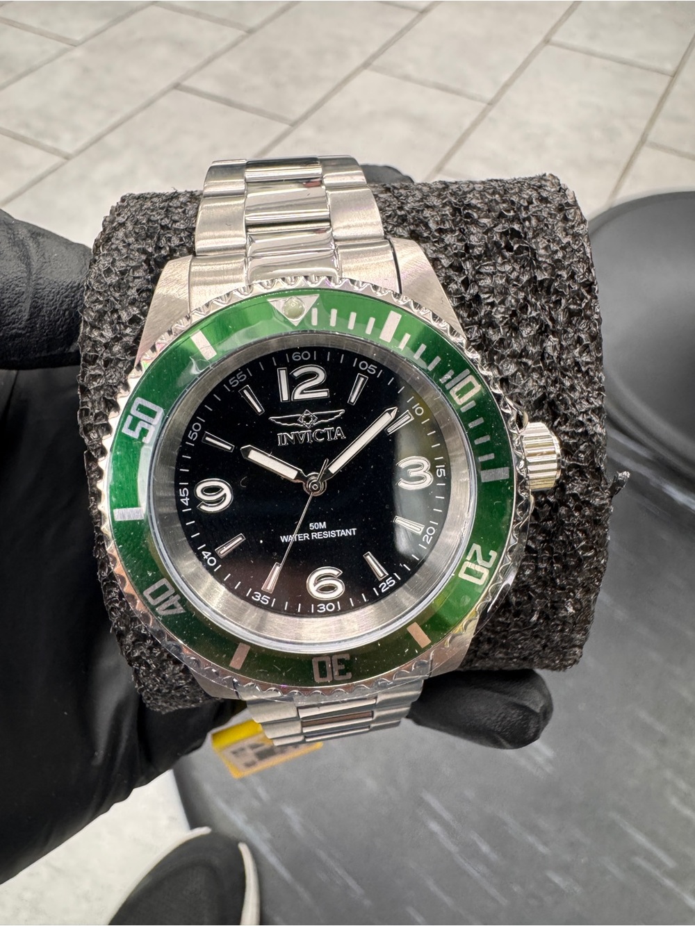 Invicta Men's Silver Watch with Green Bezel and Black Dial